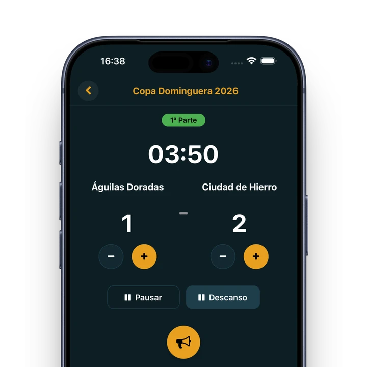 Marcador en directo de torneo en Pivio con temporizador y controles