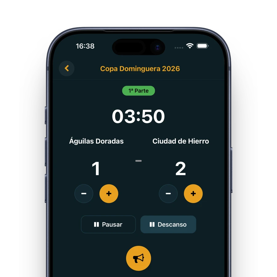 Marcador en directo de torneo en Pivio con temporizador y controles
