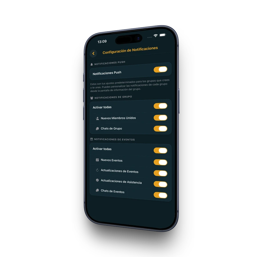 Pantalla de ajustes de notificaciones inteligentes en Pivio