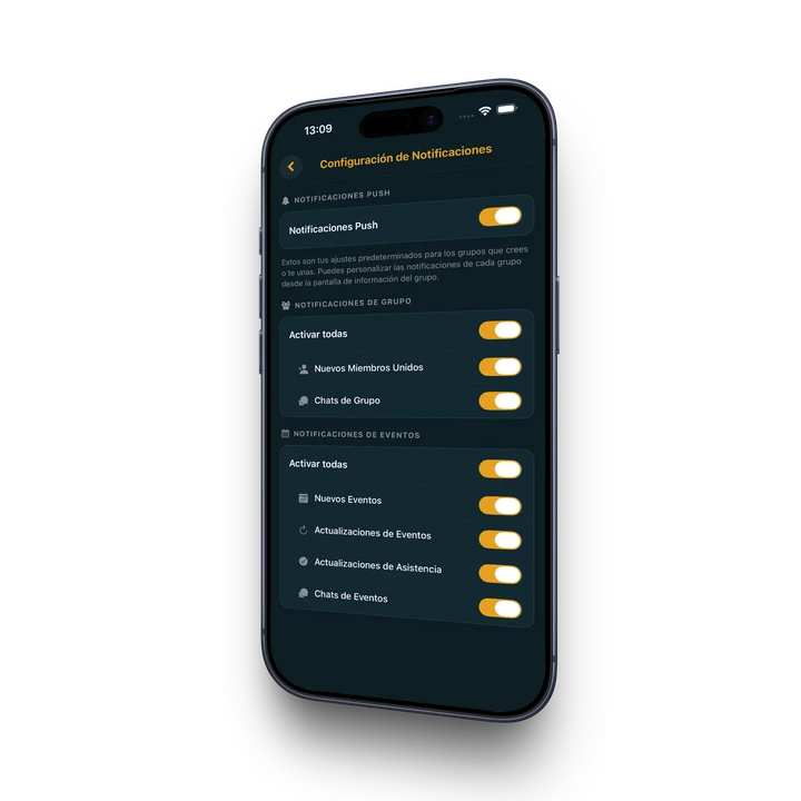 Pantalla de ajustes de notificaciones en Pivio